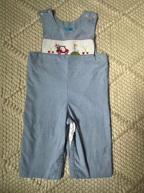 Smocked Light Blue Boy’s Overalls with Golf Cart Smocking - Size 2T